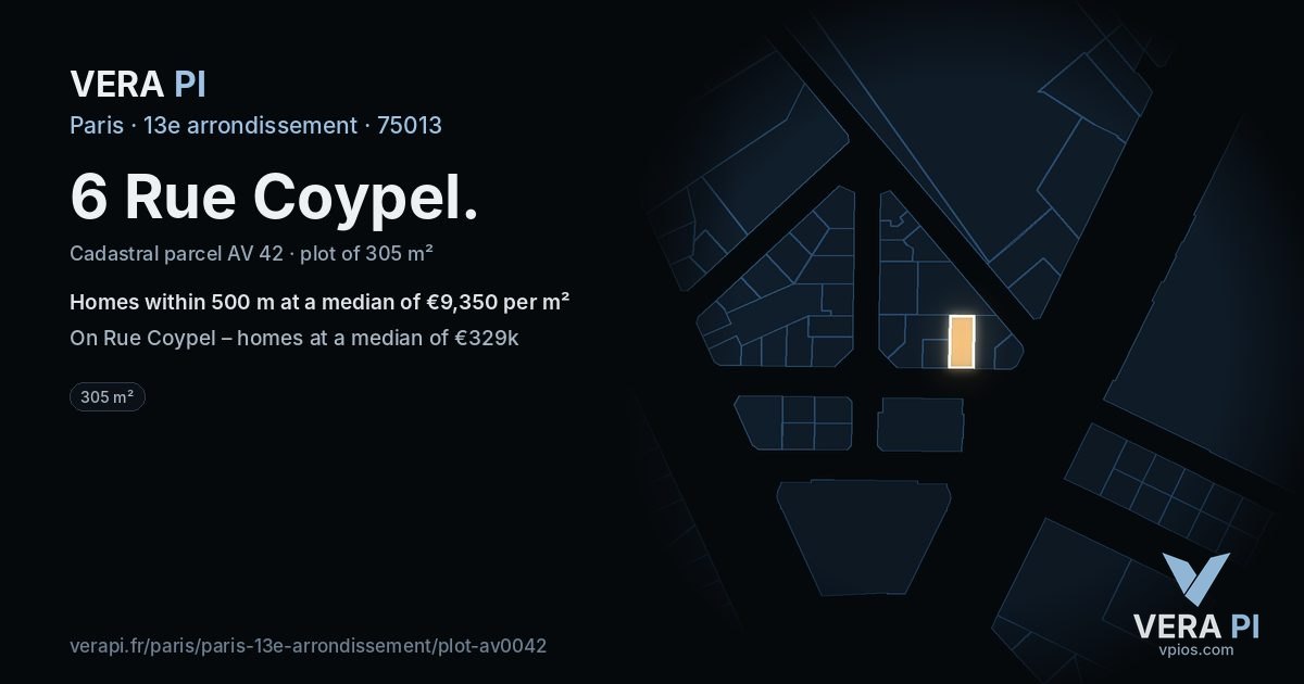 6 Rue Coypel, 13e arrondissement at night – the plot lit, the parcels around coloured by the prices near them