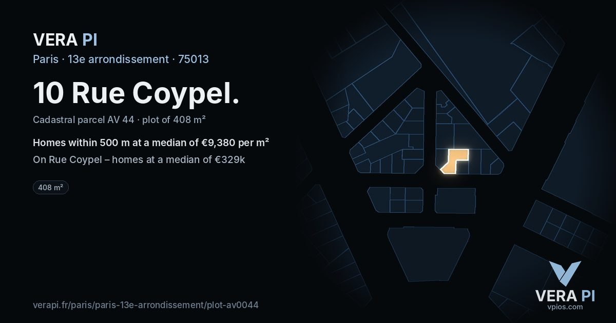 10 Rue Coypel, 13e arrondissement at night – the plot lit, the parcels around coloured by the prices near them