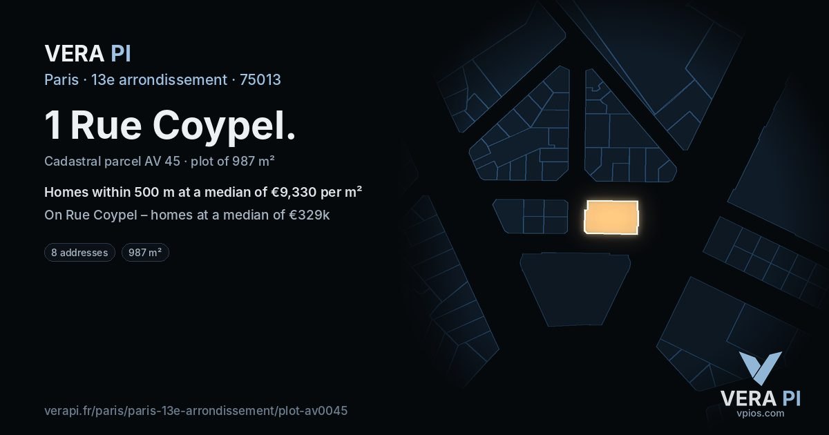 1 Rue Coypel, 13e arrondissement at night – the plot lit, the parcels around coloured by the prices near them