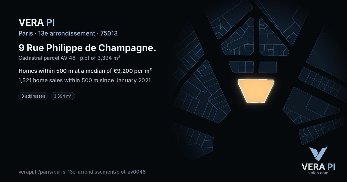 9 Rue Philippe de Champagne, 13e arrondissement at night – the plot lit, the parcels around coloured by the prices near them