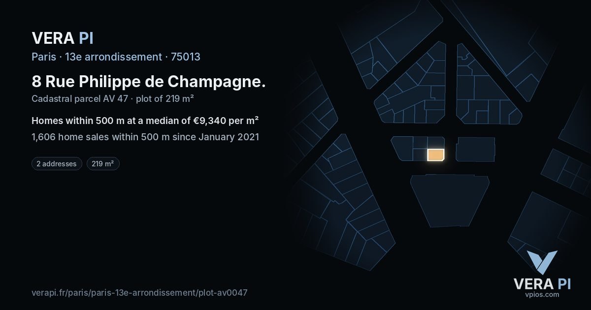 8 Rue Philippe de Champagne, 13e arrondissement at night – the plot lit, the parcels around coloured by the prices near them