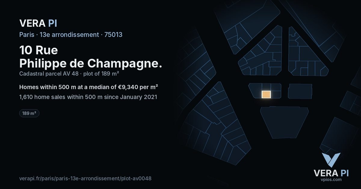 10 Rue Philippe de Champagne, 13e arrondissement at night – the plot lit, the parcels around coloured by the prices near them
