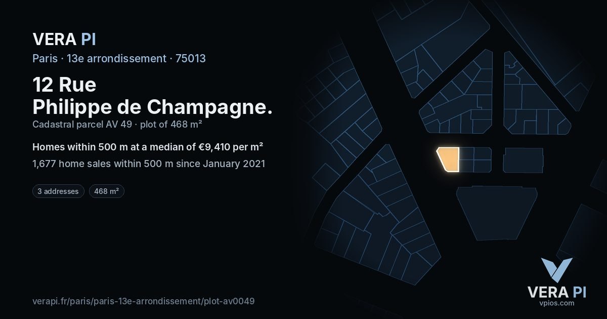 12 Rue Philippe de Champagne, 13e arrondissement at night – the plot lit, the parcels around coloured by the prices near them