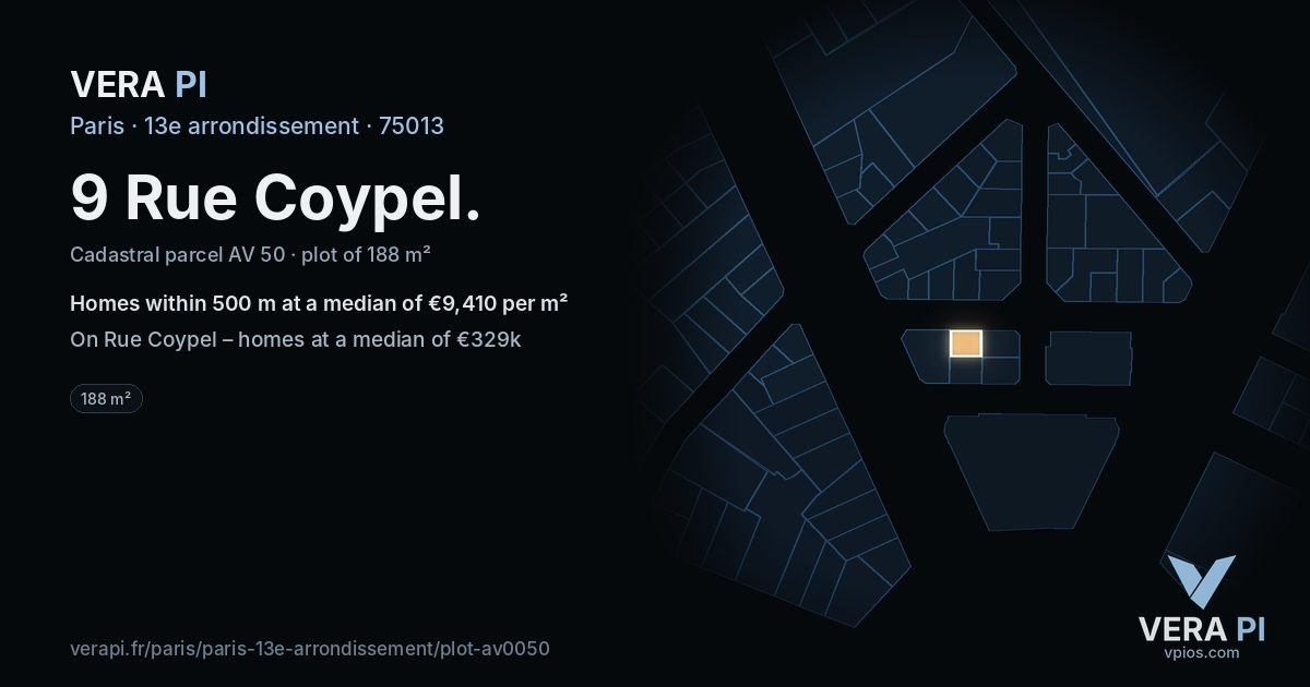9 Rue Coypel, 13e arrondissement at night – the plot lit, the parcels around coloured by the prices near them