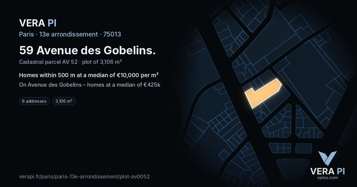59 Avenue des Gobelins, 13e arrondissement at night – the plot lit, the parcels around coloured by the prices near them