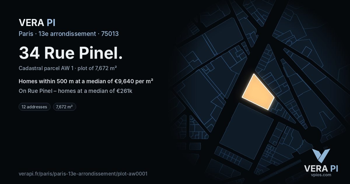 34 Rue Pinel, 13e arrondissement at night – the plot lit, the parcels around coloured by the prices near them