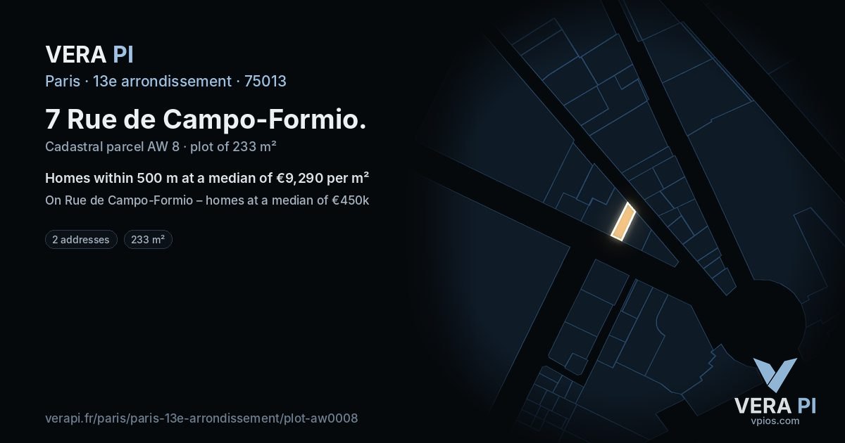 7 Rue de Campo-Formio, 13e arrondissement at night – the plot lit, the parcels around coloured by the prices near them
