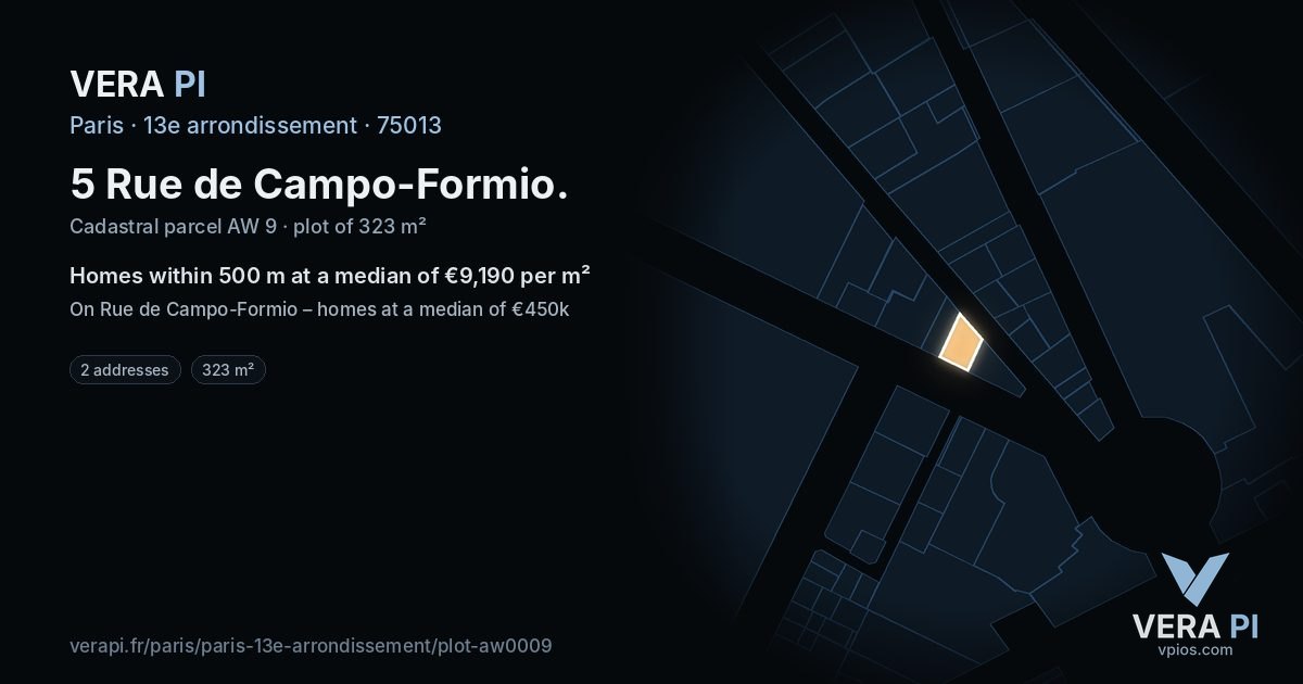5 Rue de Campo-Formio, 13e arrondissement at night – the plot lit, the parcels around coloured by the prices near them