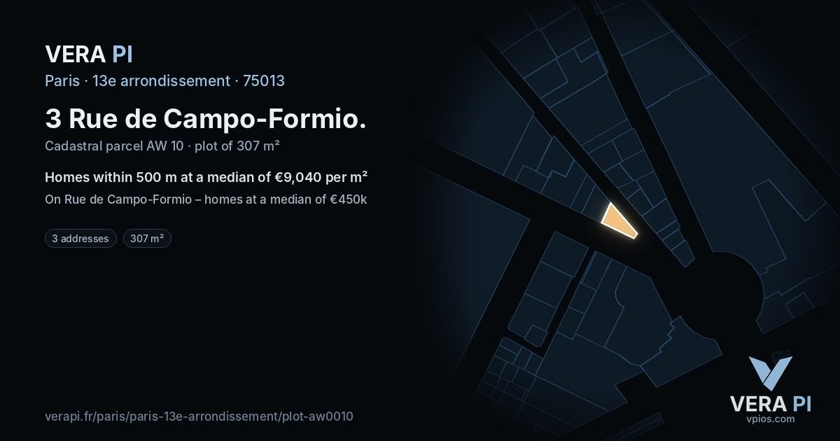 3 Rue de Campo-Formio, 13e arrondissement at night – the plot lit, the parcels around coloured by the prices near them