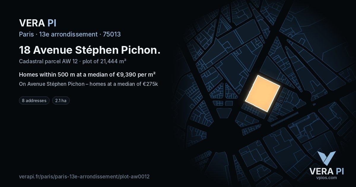 18 Avenue Stéphen Pichon, 13e arrondissement at night – the plot lit, the parcels around coloured by the prices near them