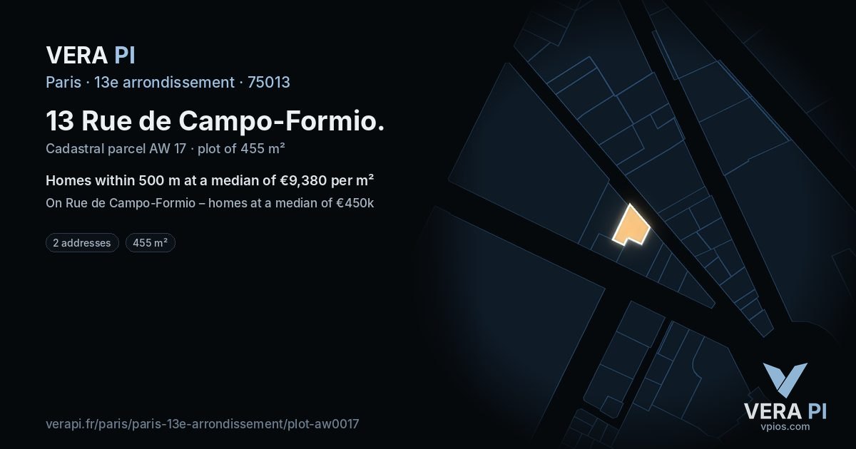 13 Rue de Campo-Formio, 13e arrondissement at night – the plot lit, the parcels around coloured by the prices near them