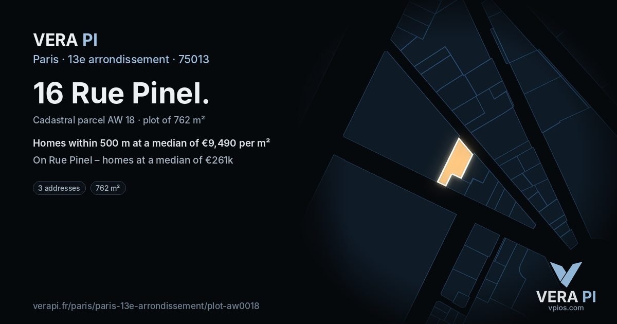 16 Rue Pinel, 13e arrondissement at night – the plot lit, the parcels around coloured by the prices near them