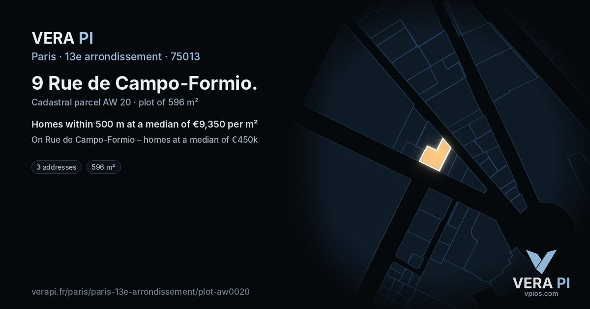 9 Rue de Campo-Formio, 13e arrondissement at night – the plot lit, the parcels around coloured by the prices near them