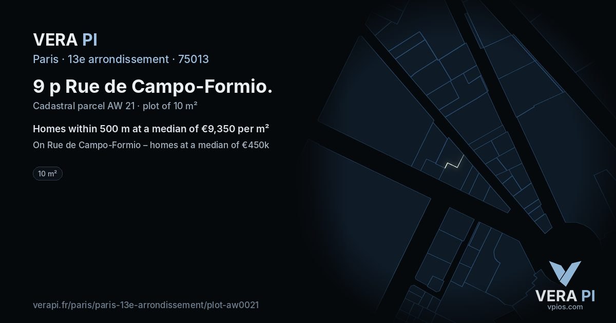 9 p Rue de Campo-Formio, 13e arrondissement at night – the plot lit, the parcels around coloured by the prices near them
