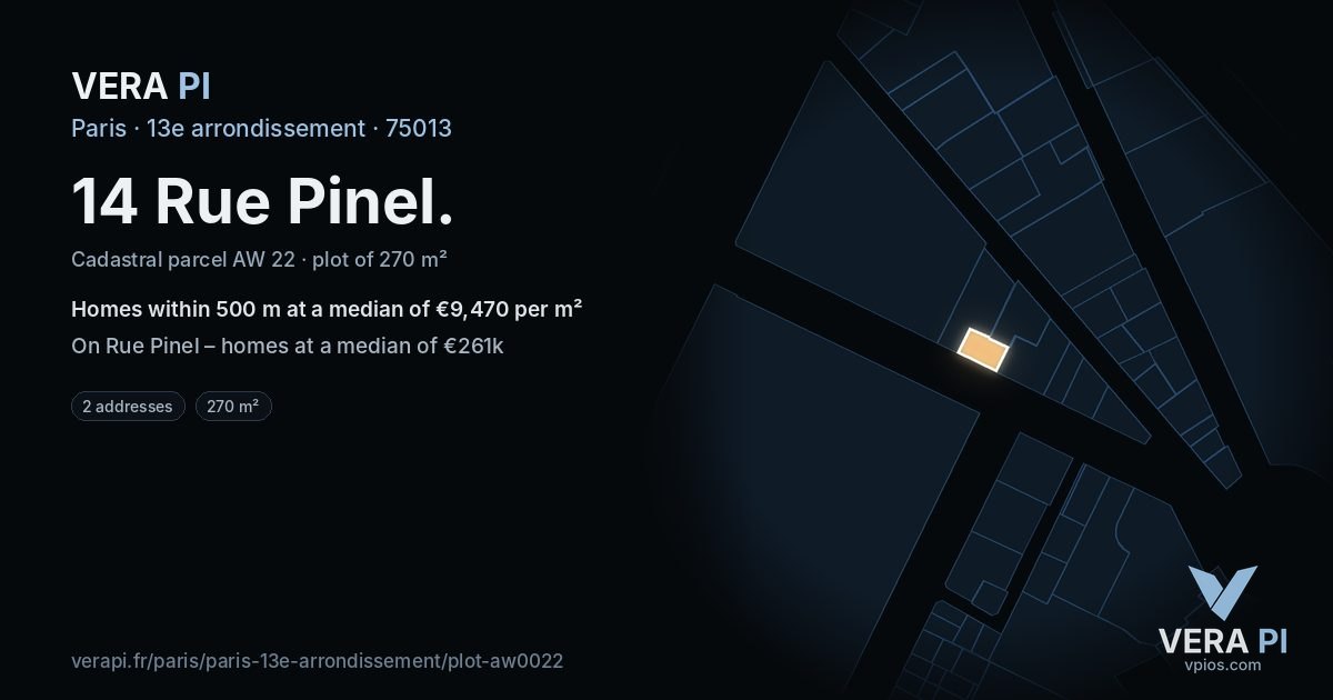 14 Rue Pinel, 13e arrondissement at night – the plot lit, the parcels around coloured by the prices near them
