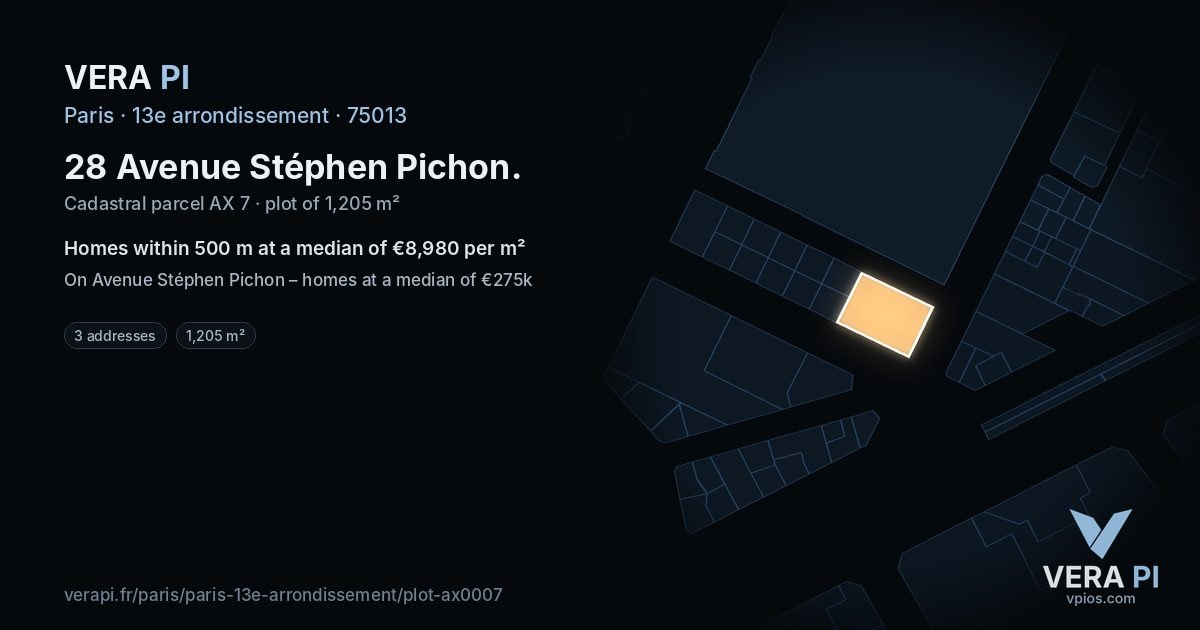 28 Avenue Stéphen Pichon, 13e arrondissement at night – the plot lit, the parcels around coloured by the prices near them