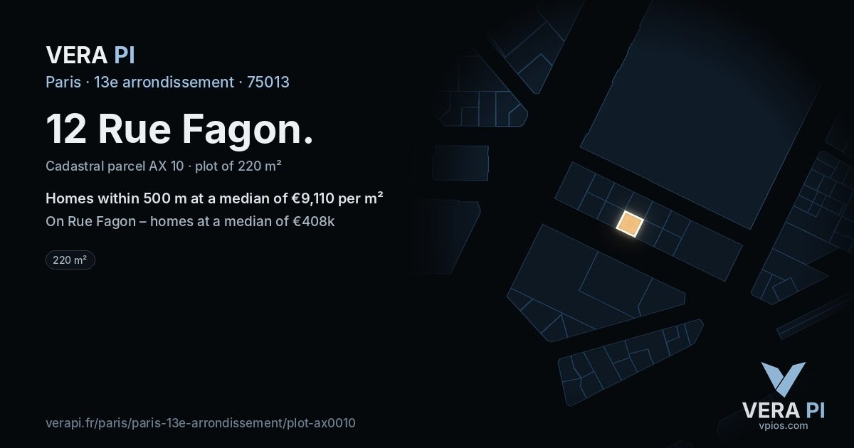 12 Rue Fagon, 13e arrondissement at night – the plot lit, the parcels around coloured by the prices near them