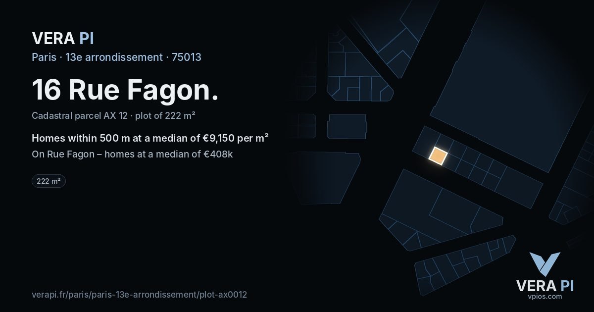 16 Rue Fagon, 13e arrondissement at night – the plot lit, the parcels around coloured by the prices near them