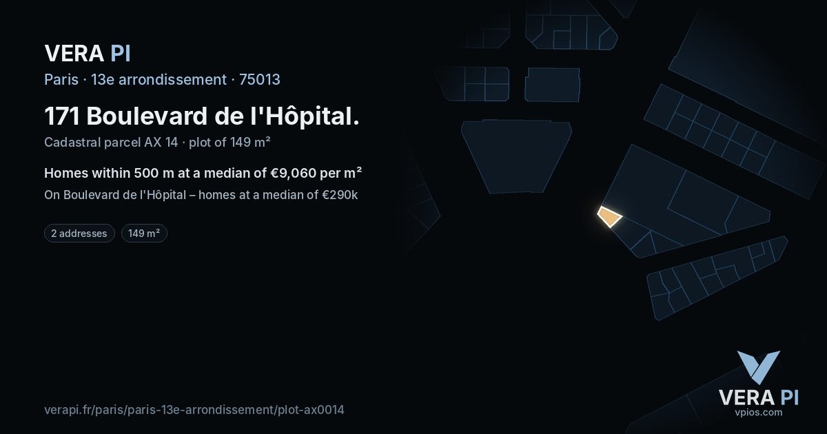 171 Boulevard de l'Hôpital, 13e arrondissement at night – the plot lit, the parcels around coloured by the prices near them