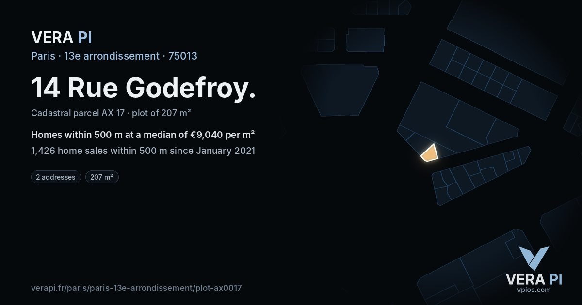 14 Rue Godefroy, 13e arrondissement at night – the plot lit, the parcels around coloured by the prices near them