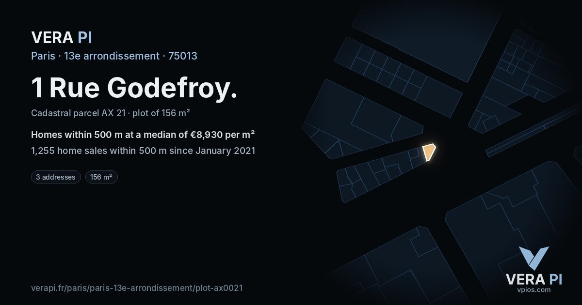 1 Rue Godefroy, 13e arrondissement at night – the plot lit, the parcels around coloured by the prices near them