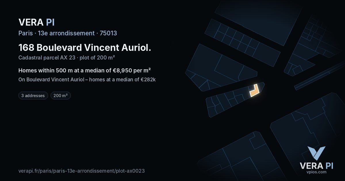 168 Boulevard Vincent Auriol, 13e arrondissement at night – the plot lit, the parcels around coloured by the prices near them