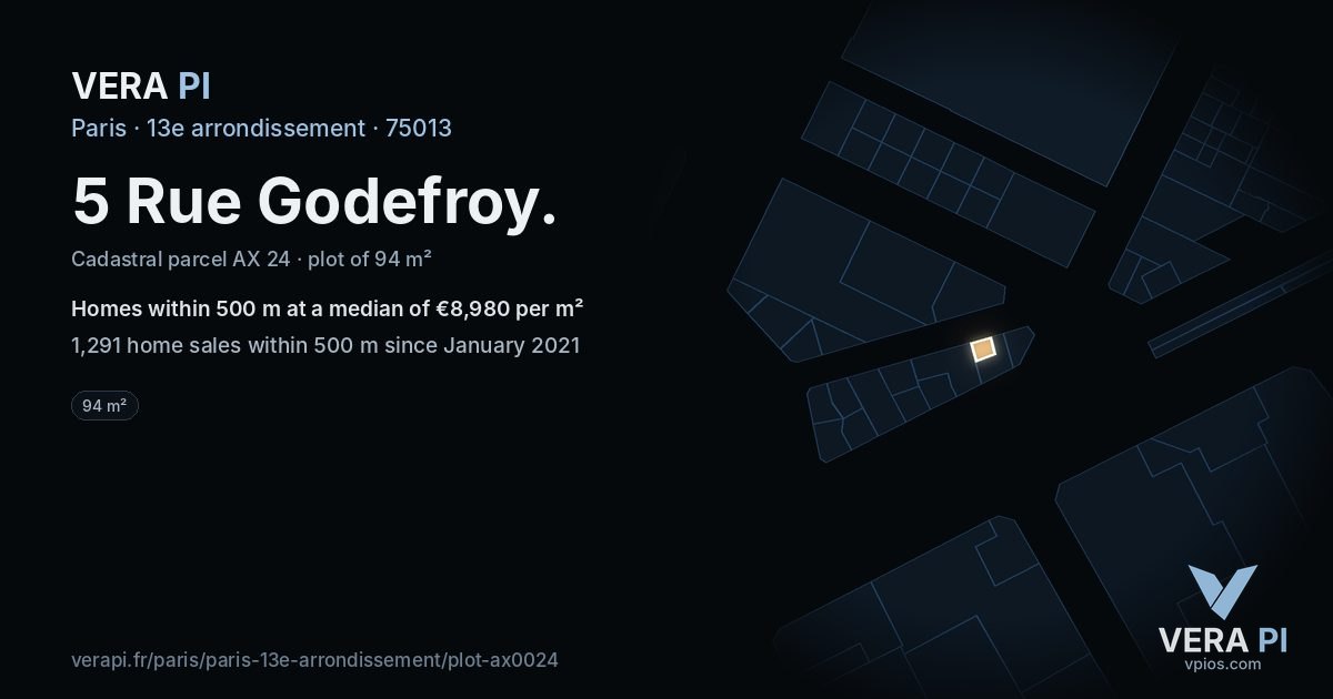 5 Rue Godefroy, 13e arrondissement at night – the plot lit, the parcels around coloured by the prices near them
