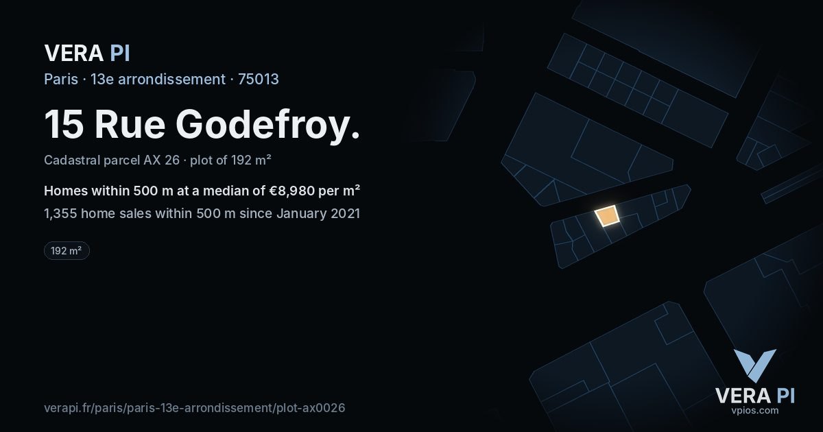 15 Rue Godefroy, 13e arrondissement at night – the plot lit, the parcels around coloured by the prices near them