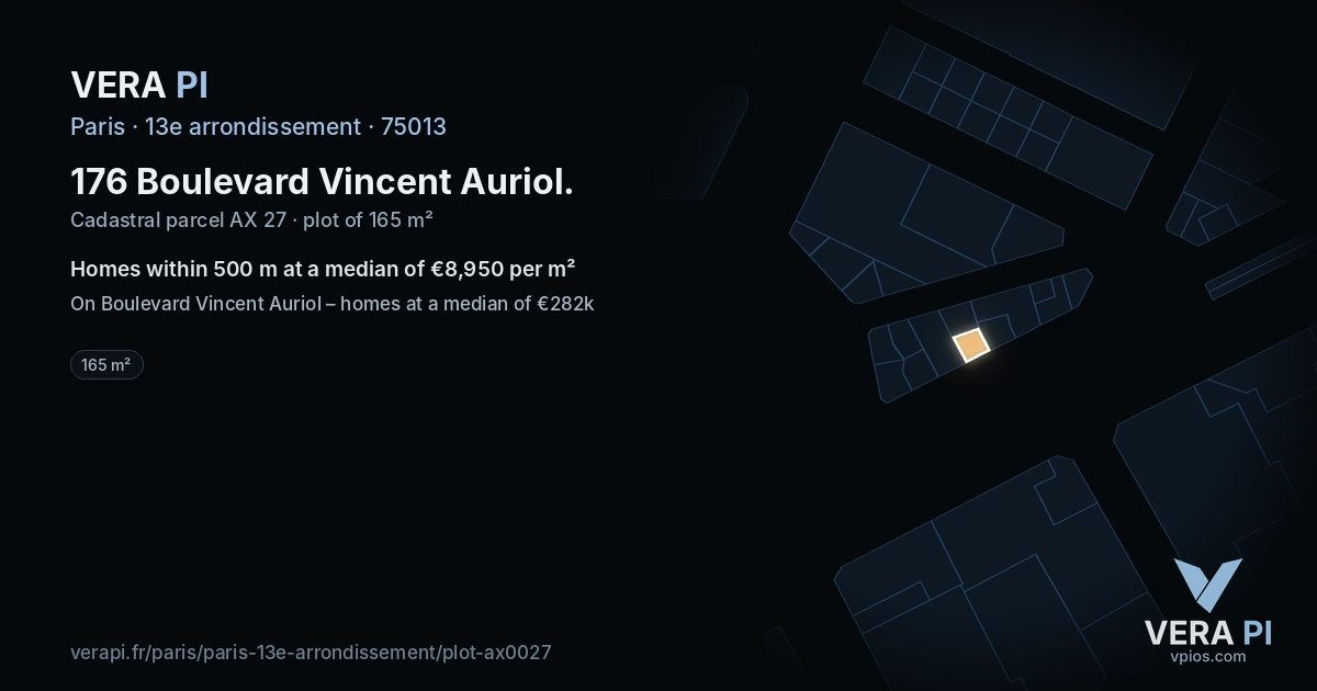 176 Boulevard Vincent Auriol, 13e arrondissement at night – the plot lit, the parcels around coloured by the prices near them