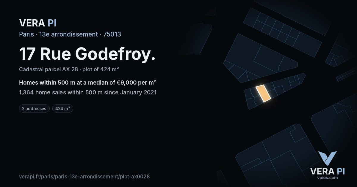 17 Rue Godefroy, 13e arrondissement at night – the plot lit, the parcels around coloured by the prices near them