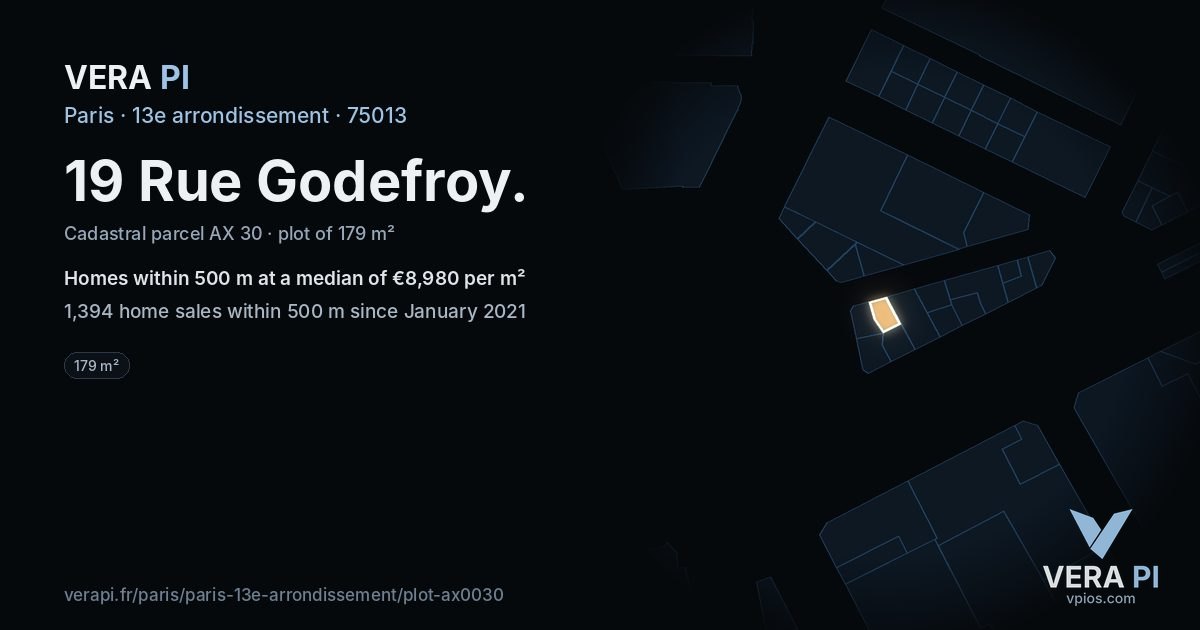 19 Rue Godefroy, 13e arrondissement at night – the plot lit, the parcels around coloured by the prices near them