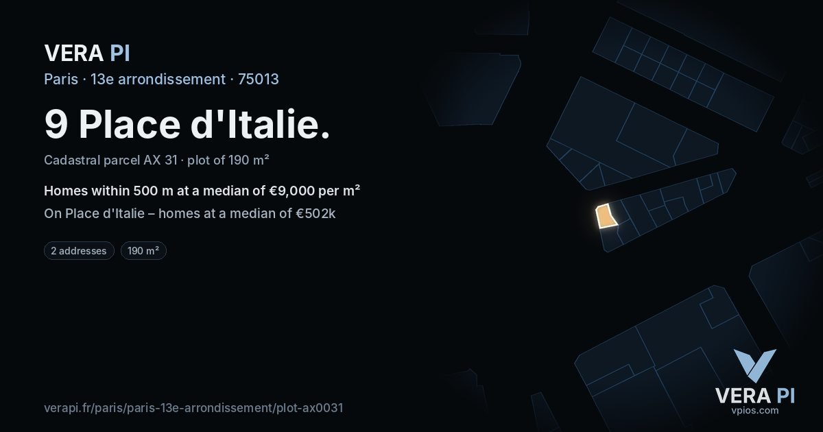 9 Place d'Italie, 13e arrondissement at night – the plot lit, the parcels around coloured by the prices near them