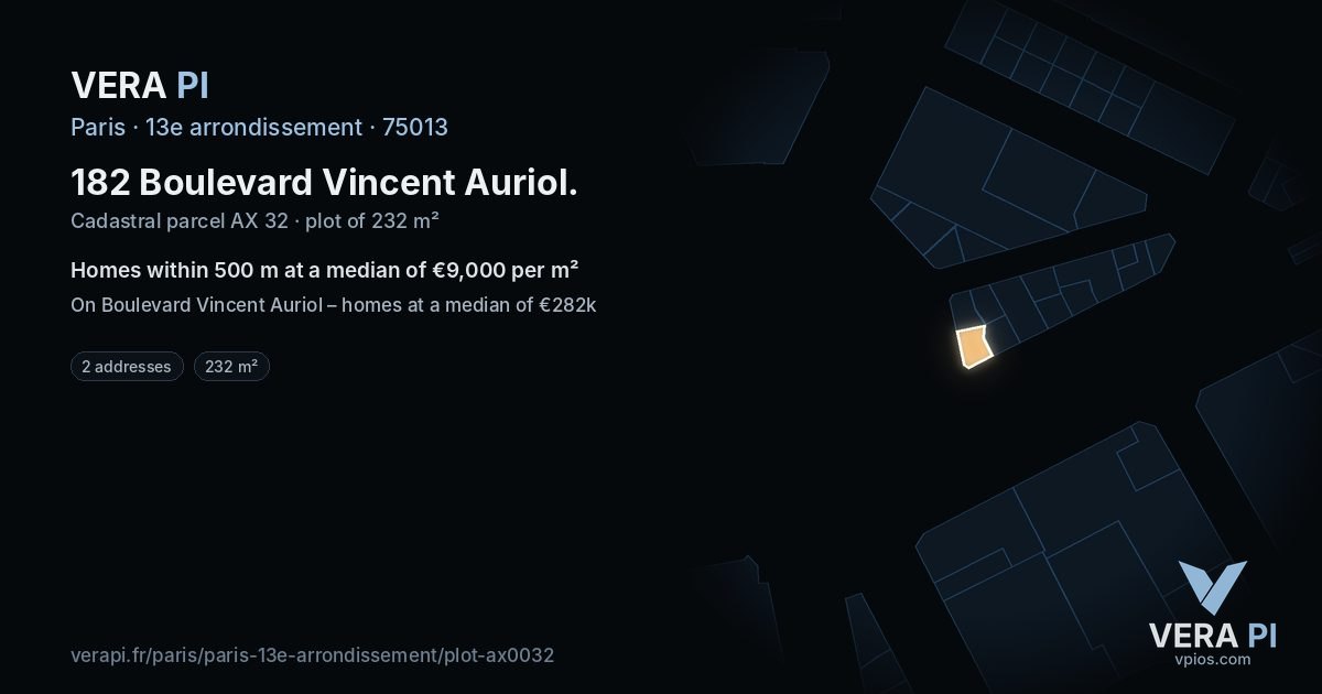 182 Boulevard Vincent Auriol, 13e arrondissement at night – the plot lit, the parcels around coloured by the prices near them