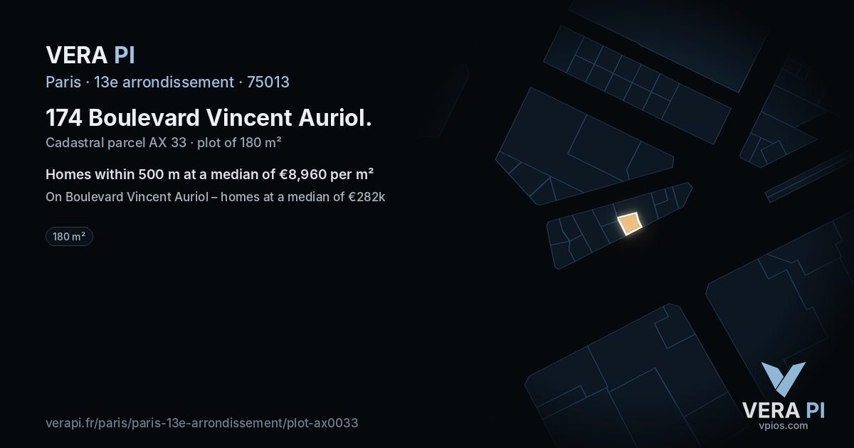 174 Boulevard Vincent Auriol, 13e arrondissement at night – the plot lit, the parcels around coloured by the prices near them