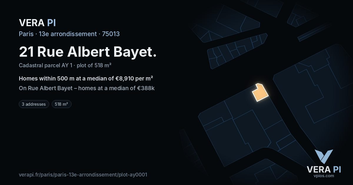21 Rue Albert Bayet, 13e arrondissement at night – the plot lit, the parcels around coloured by the prices near them