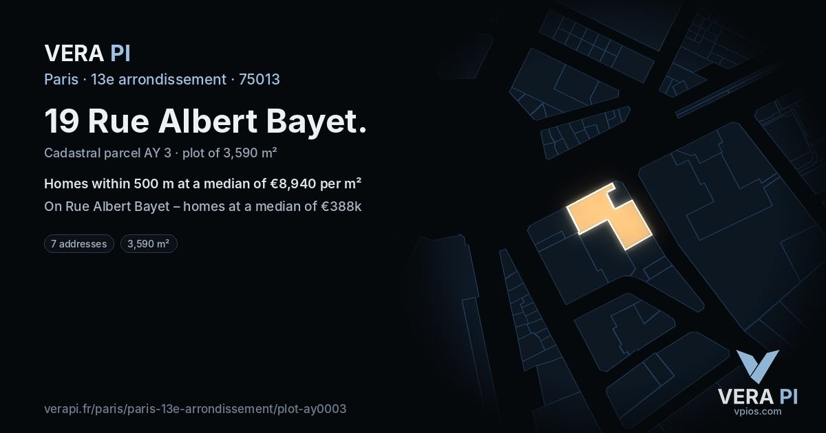 19 Rue Albert Bayet, 13e arrondissement at night – the plot lit, the parcels around coloured by the prices near them