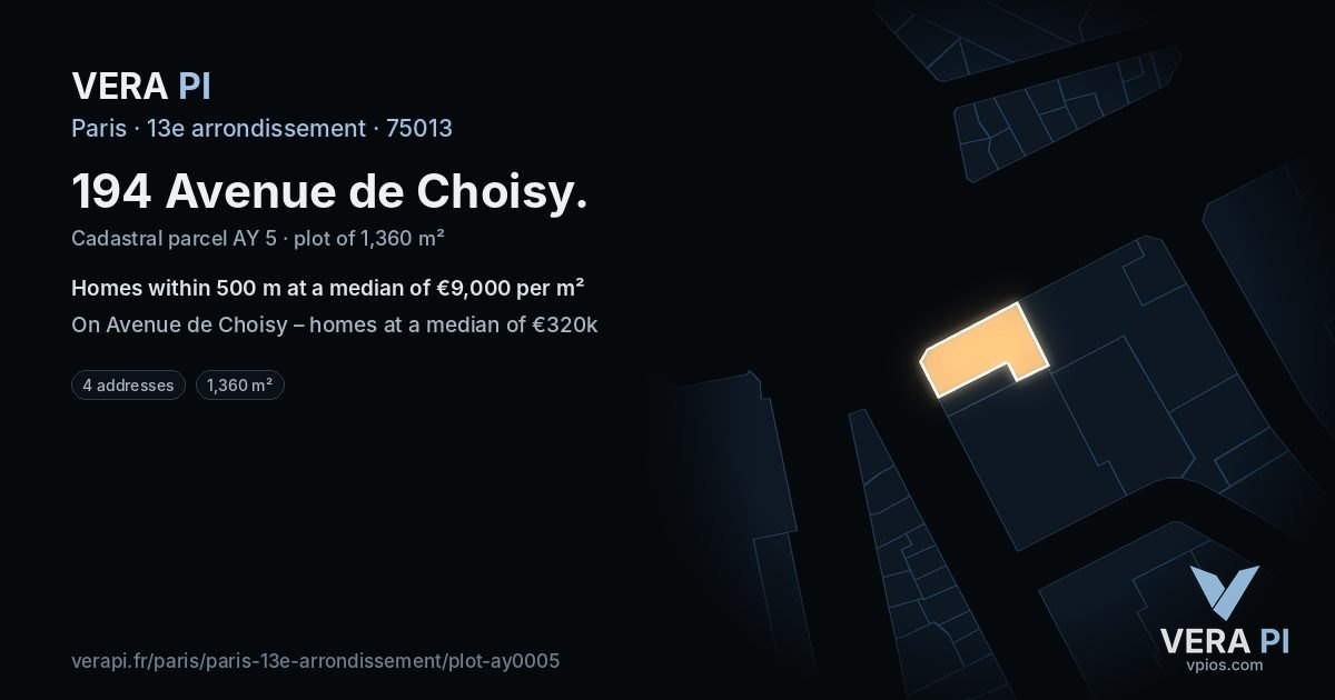 194 Avenue de Choisy, 13e arrondissement at night – the plot lit, the parcels around coloured by the prices near them