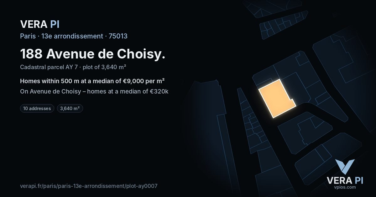 188 Avenue de Choisy, 13e arrondissement at night – the plot lit, the parcels around coloured by the prices near them