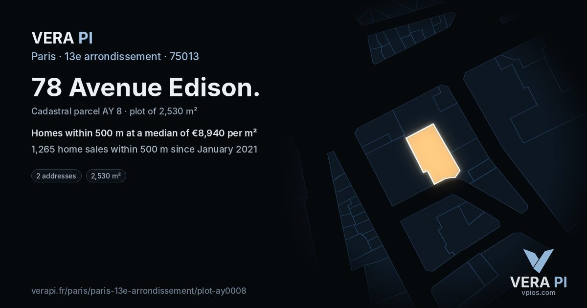 78 Avenue Edison, 13e arrondissement at night – the plot lit, the parcels around coloured by the prices near them
