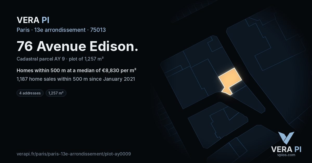 76 Avenue Edison, 13e arrondissement at night – the plot lit, the parcels around coloured by the prices near them