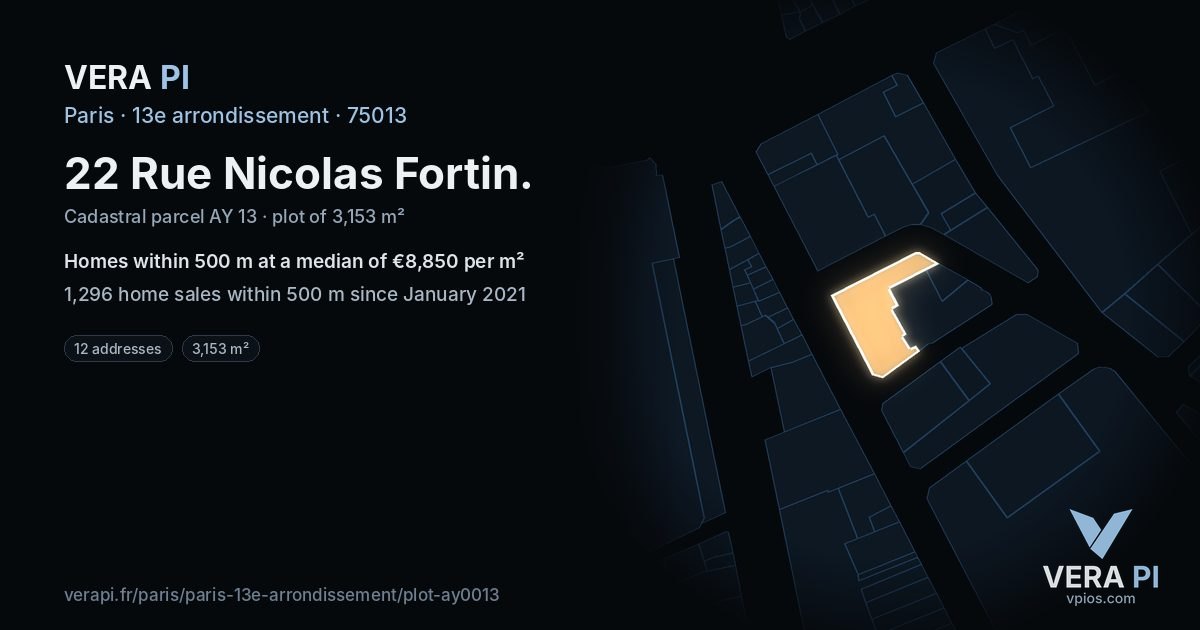 22 Rue Nicolas Fortin, 13e arrondissement at night – the plot lit, the parcels around coloured by the prices near them