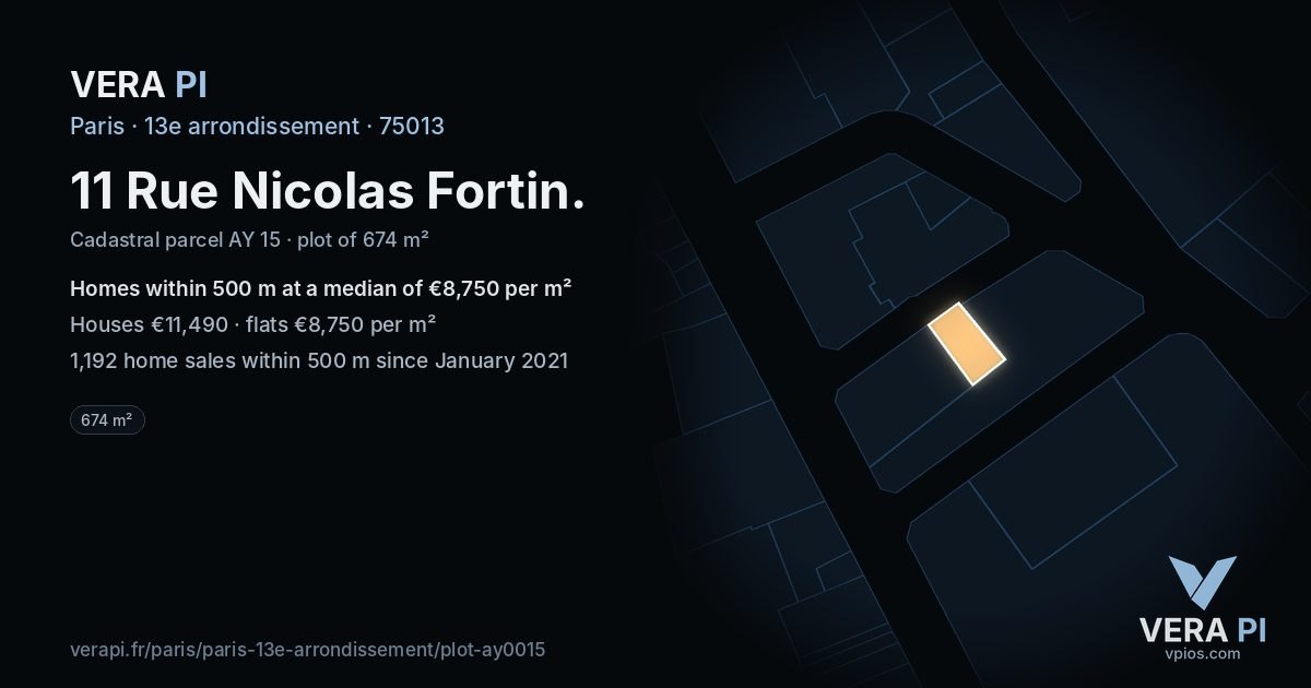 11 Rue Nicolas Fortin, 13e arrondissement at night – the plot lit, the parcels around coloured by the prices near them