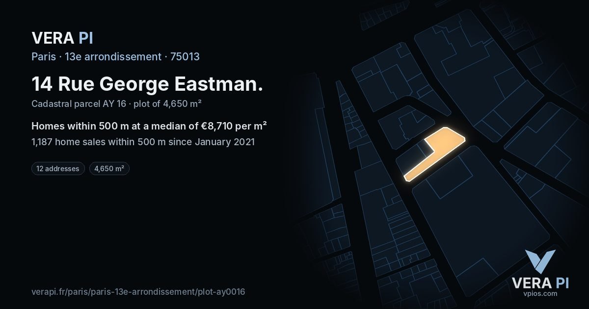 14 Rue George Eastman, 13e arrondissement at night – the plot lit, the parcels around coloured by the prices near them