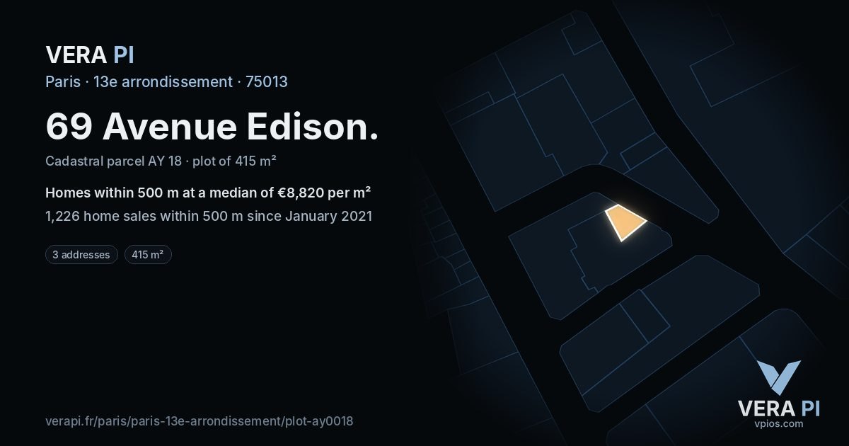 69 Avenue Edison, 13e arrondissement at night – the plot lit, the parcels around coloured by the prices near them