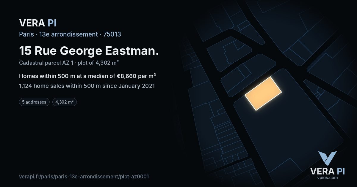 15 Rue George Eastman, 13e arrondissement at night – the plot lit, the parcels around coloured by the prices near them