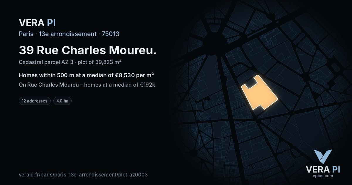 39 Rue Charles Moureu, 13e arrondissement at night – the plot lit, the parcels around coloured by the prices near them