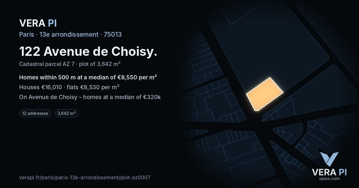 122 Avenue de Choisy, 13e arrondissement at night – the plot lit, the parcels around coloured by the prices near them