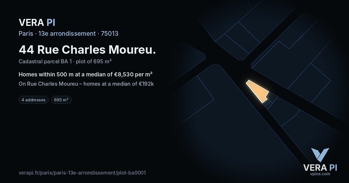 44 Rue Charles Moureu, 13e arrondissement at night – the plot lit, the parcels around coloured by the prices near them