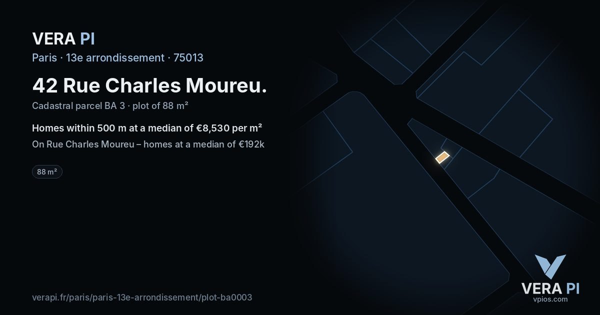 42 Rue Charles Moureu, 13e arrondissement at night – the plot lit, the parcels around coloured by the prices near them