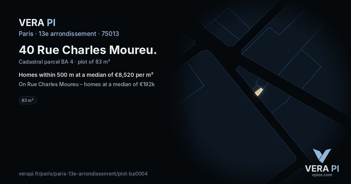 40 Rue Charles Moureu, 13e arrondissement at night – the plot lit, the parcels around coloured by the prices near them